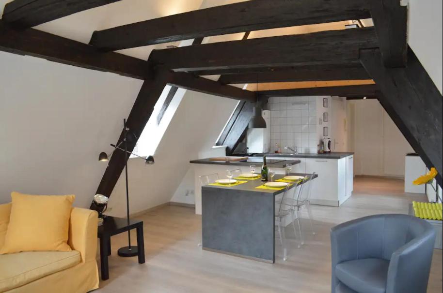 a kitchen and a living room with a couch and a table at Bretzel &amp; Raisin - Hypercentre de Colmar in Colmar