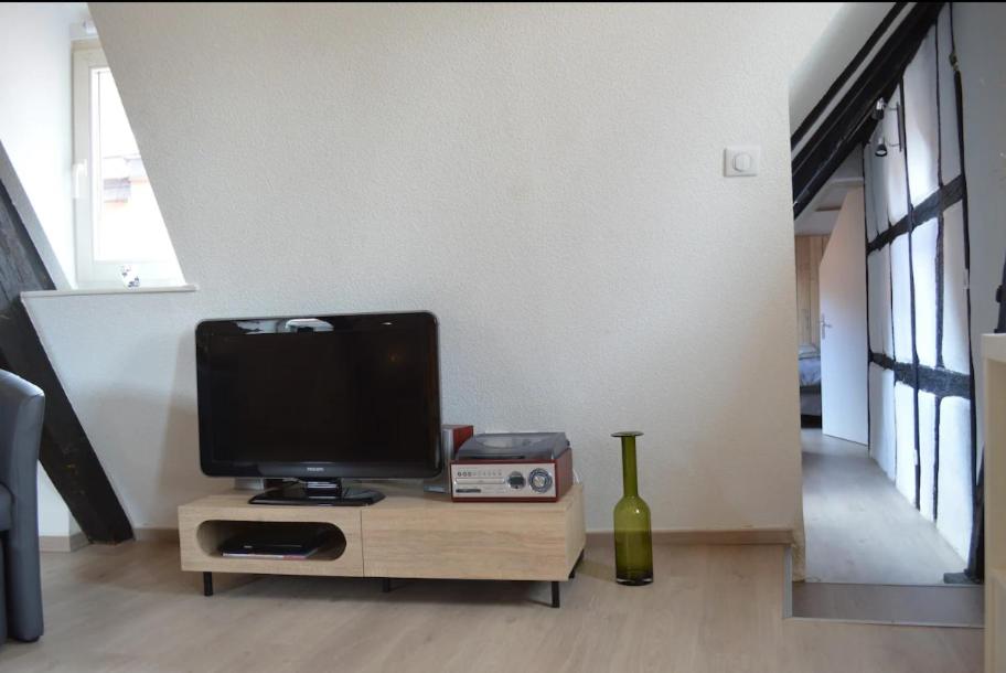 a television sitting on a table in a living room at Bretzel &amp; Raisin - Hypercentre de Colmar in Colmar