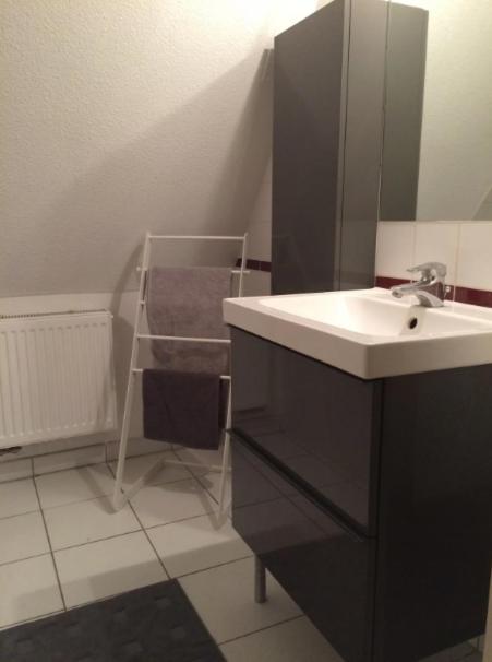 a bathroom with a sink and a mirror and a shelf at Bretzel &amp; Raisin - Hypercentre de Colmar in Colmar