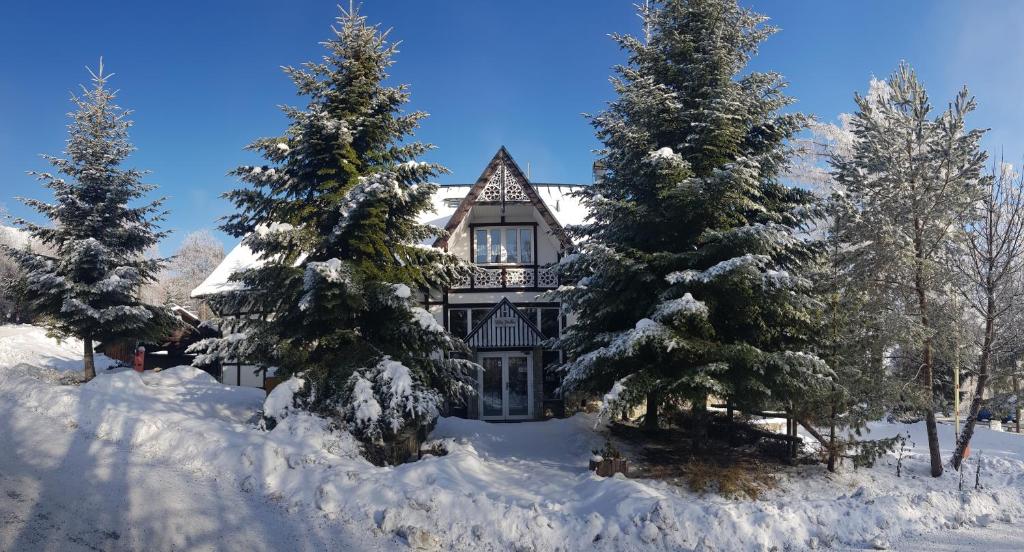 a house with snow covered trees in front of it at Vila Jedľa in Vysoké Tatry