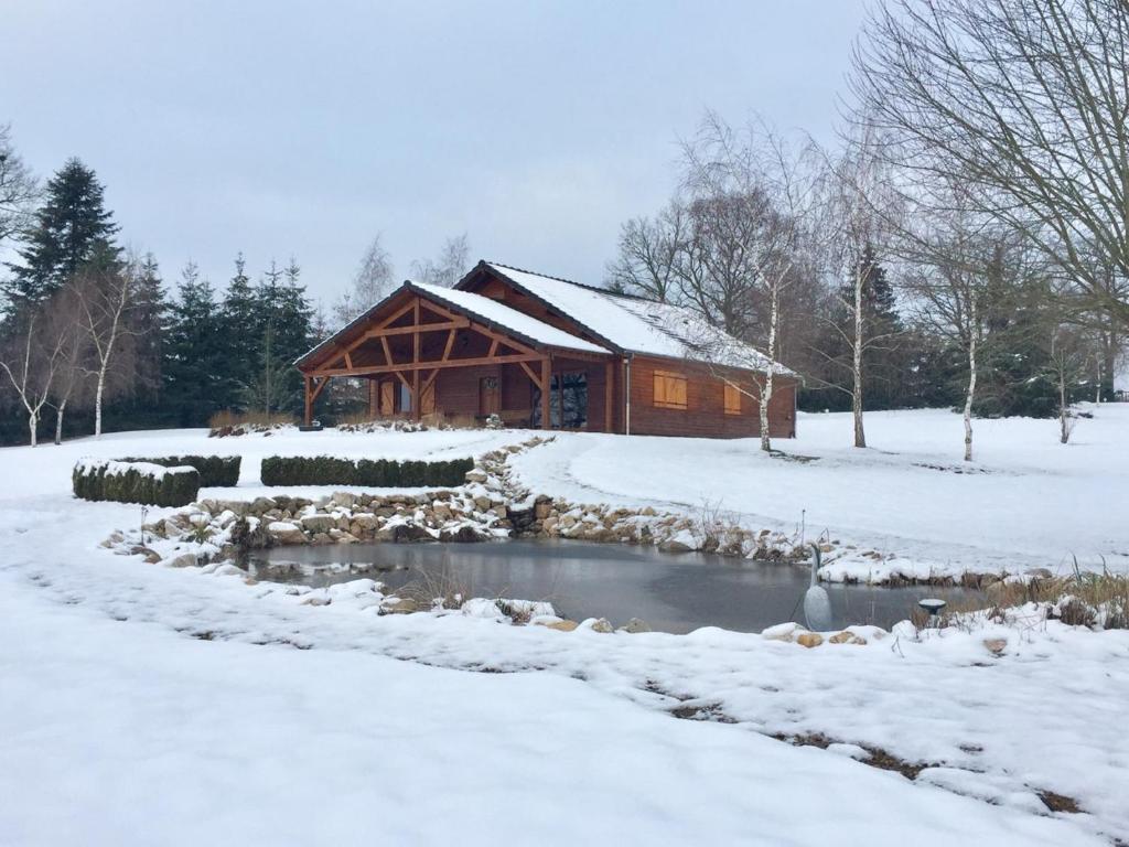 a log cabin in the snow with a pond at Grand Chalet in Bourbon-Lancy