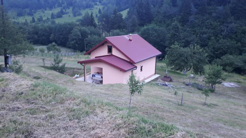 une petite maison avec un toit rose sur une colline dans l'établissement House with big garden next to the mountain river, à Kruševo