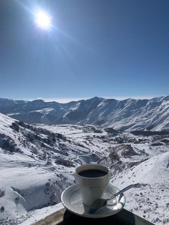 a cup of coffee sitting on a table in the snow at New Gudauri Twins in Gudauri