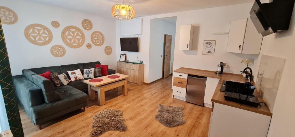 a living room with a couch and a kitchen at Apartament na brzyzku in Zakopane