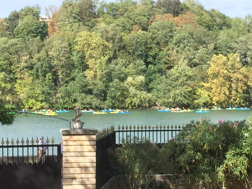 a view of a river with a fence and boats at Comme à la maison ! in Caluire-et-Cuire