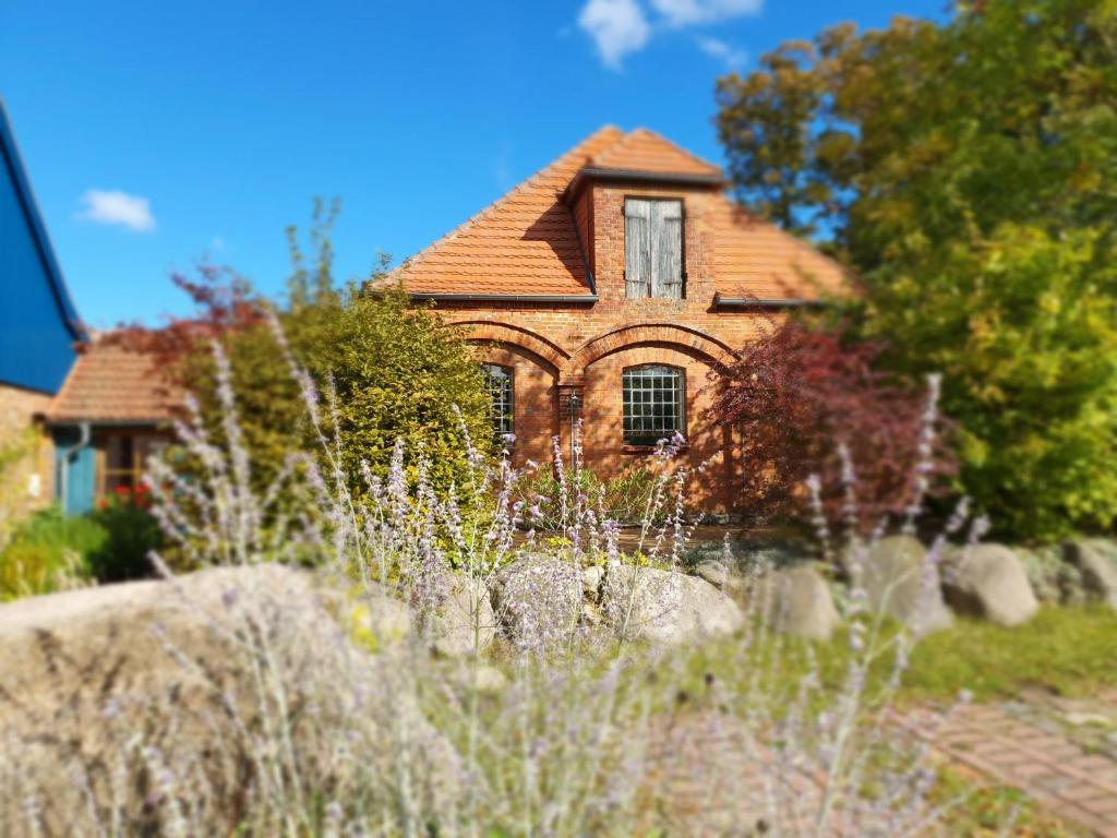 a house in the background with a garden in front of it at schmiede1860 in Groß Dratow