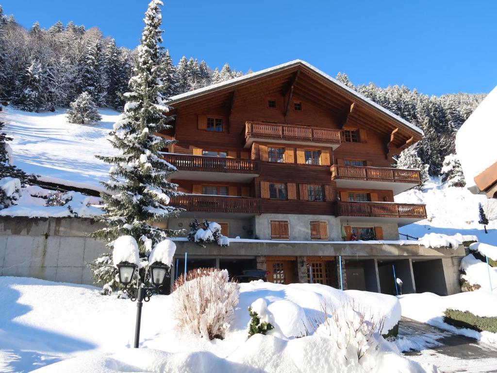 a large wooden building with snow on the ground at Apartment La Tour d'Antheme by Interhome in Champéry