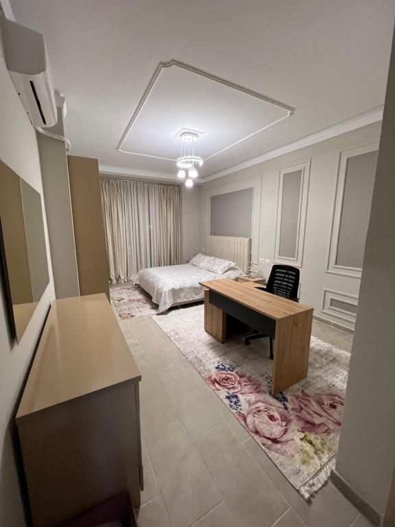 Habitación con escritorio y cama. en Luxury Apartment in Elbasan, en Elbasan