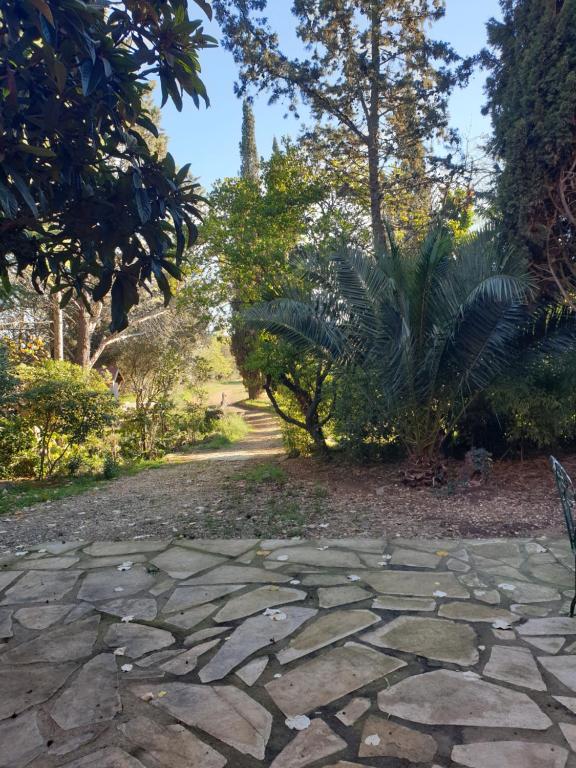 einen Steinweg in einem Park mit Bäumen in der Unterkunft Chambres d'hôtes dans propriété rurale in Béziers