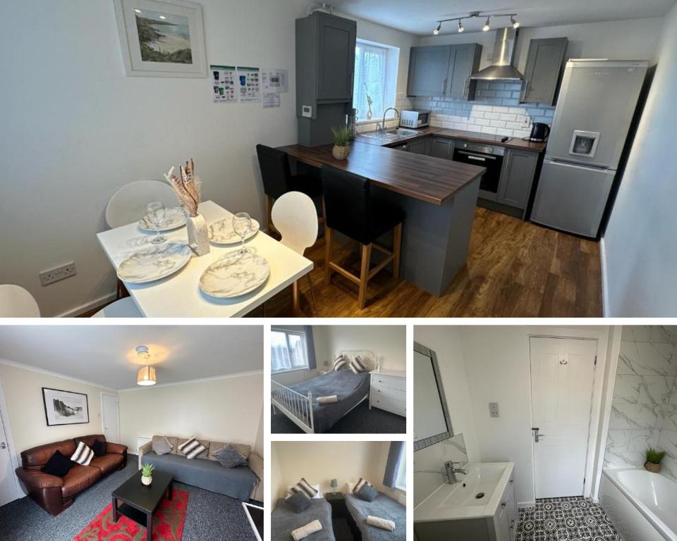 a collage of pictures of a kitchen and a living room at 3 Bedroom House For Corporate Stays in Kettering in Kettering