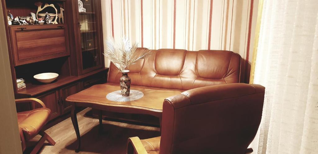 sala de estar con silla de cuero y mesa en Apartamenty Izera Jaworzno blisko Katowic en Jaworzno
