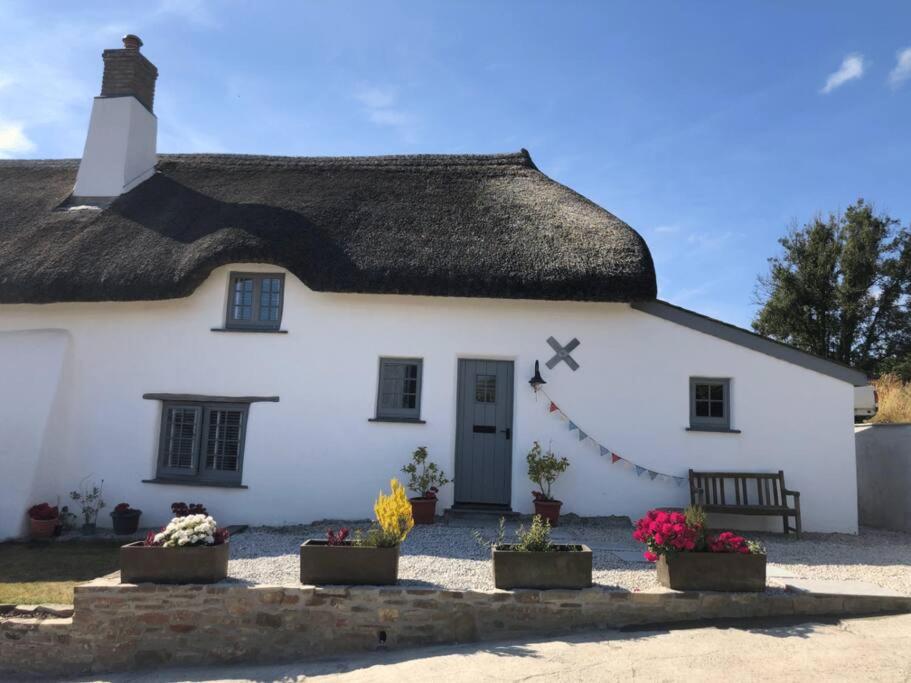 a white house with a thatched roof with flowers in front at UpAlong Cottage - HiddenDevon in Winkleigh