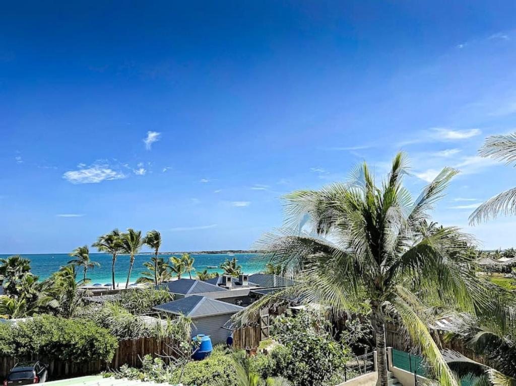 een uitzicht op een strand met palmbomen en de oceaan bij Villa Carpe Diem sea front pool Orient Bay in Orient Bay