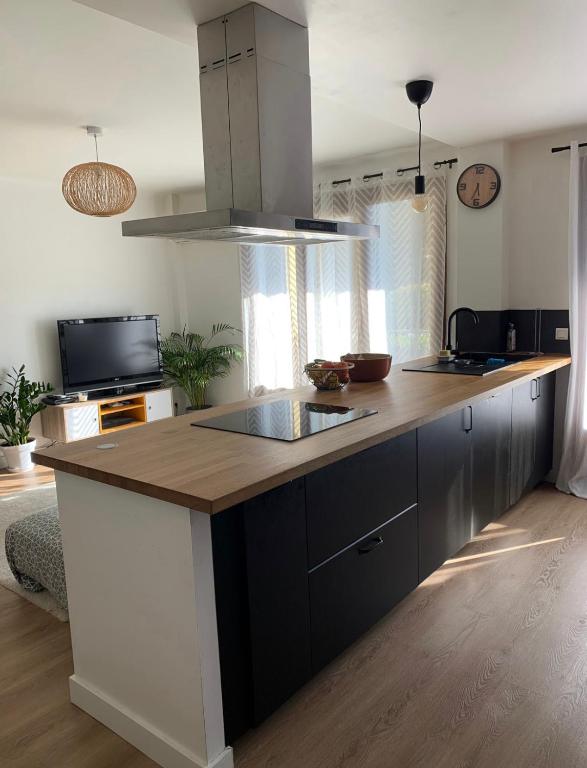 - une cuisine avec un grand îlot et un comptoir dans l'établissement Proche du centre ville avec parking privé gratuit, à Aix-en-Provence