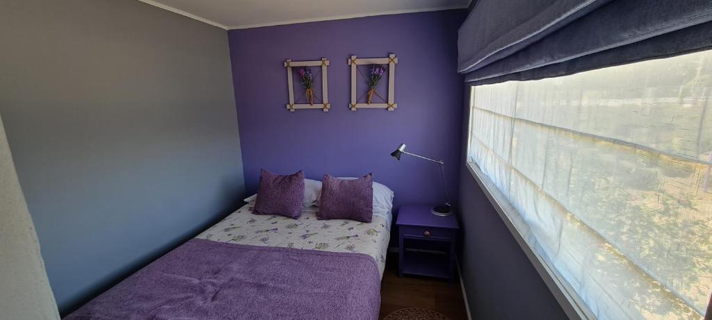 a small bed in a room with a purple wall at Lavanda del Valle in Vicuña