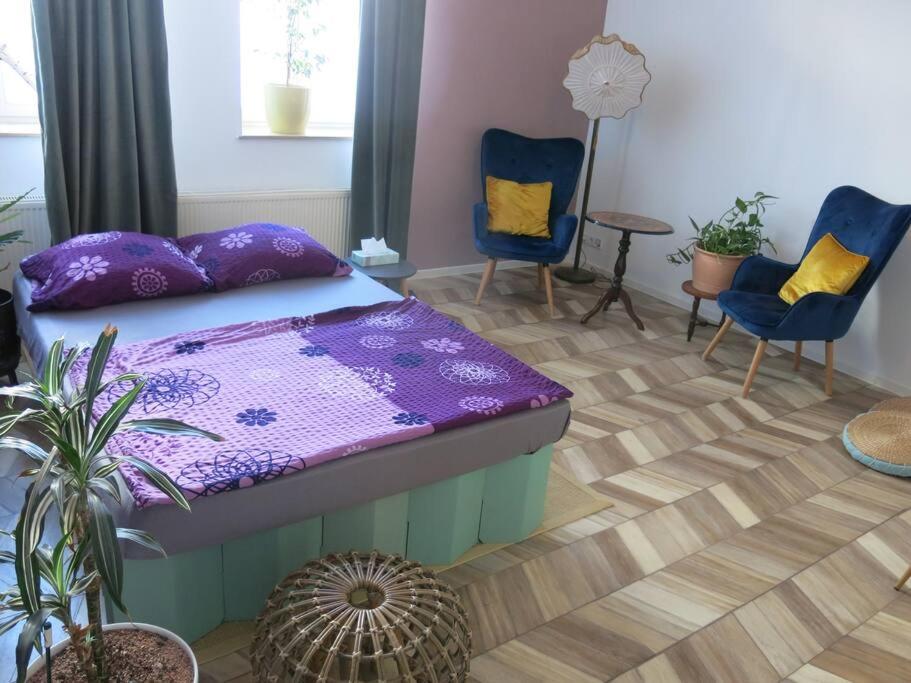 een slaapkamer met een bed en 2 stoelen bij Stuckverzierte, zentrumsnahe Wohnung im Süden in Leipzig