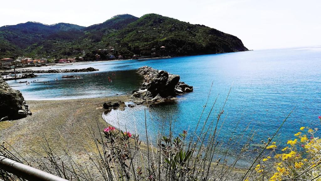 una spiaggia con acqua blu e montagne sullo sfondo di OASI FELICE a Levanto