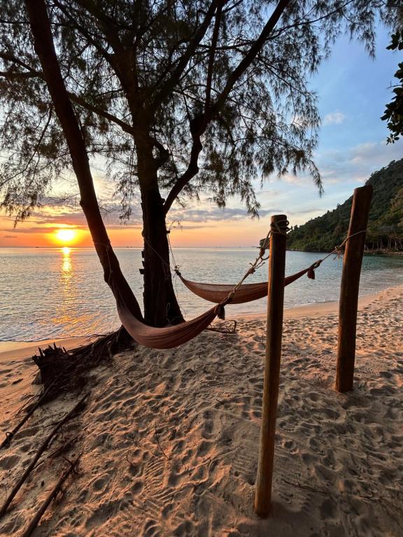 a hammock on a beach with a tree at KAMAKU Bungalows in Koh Rong Sanloem