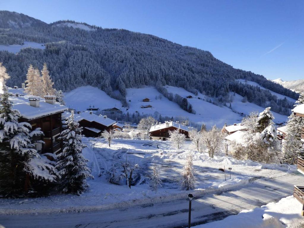 un village recouvert de neige avec une montagne en arrière-plan dans l'établissement Studio cosy 4 personnes avec balcon et parking au Grand Bornand - FR-1-458-154, au Grand-Bornand
