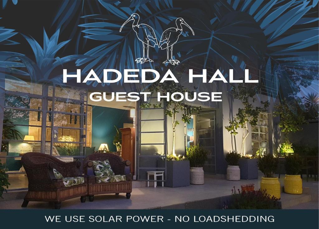 uma placa que lê Hadda hall casa de hóspedes em Hadeda Hall em Joanesburgo