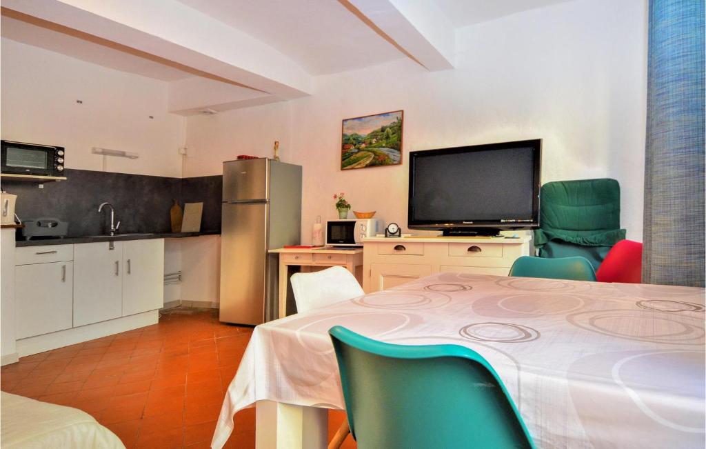 eine Küche mit einem Tisch mit Stühlen und einem TV in der Unterkunft 1 Bedroom Lovely Apartment In Saint Jean Du Gard in Saint-Jean-du-Gard