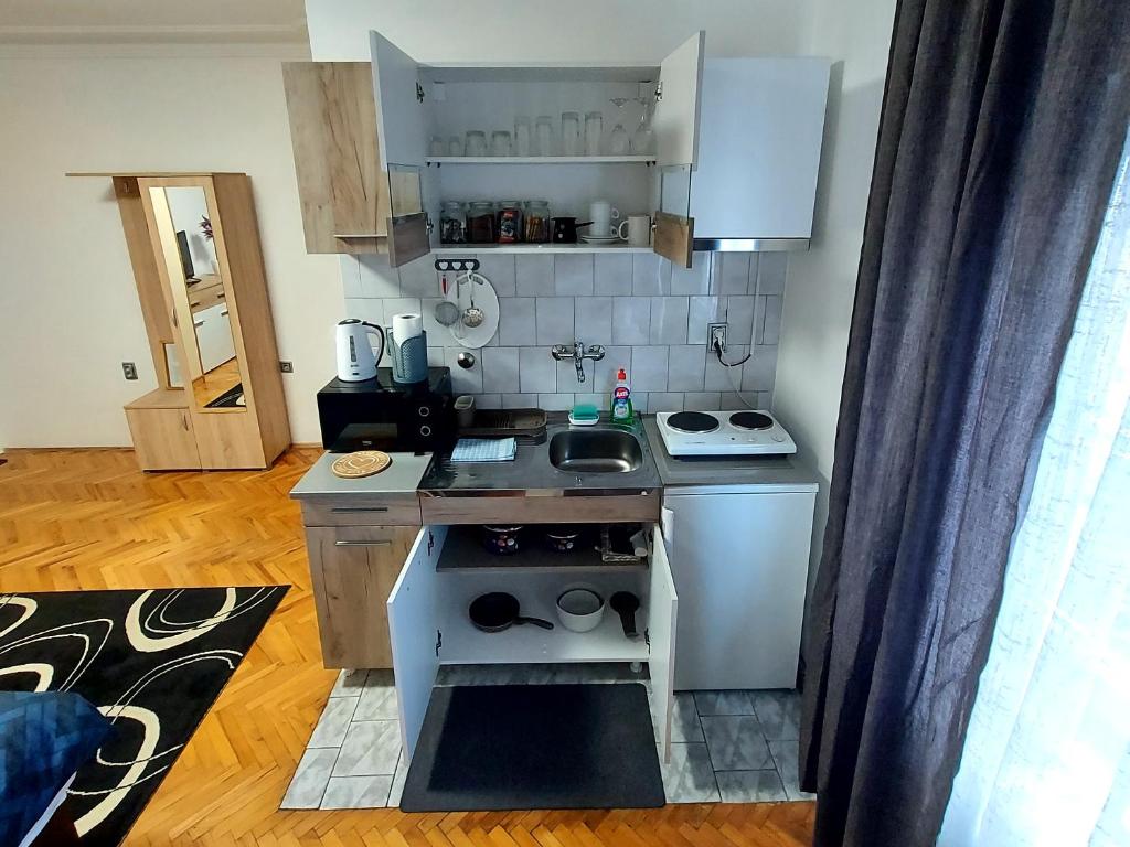 a small kitchen with a sink and a stove at Smestaj Bane in Novi Sad