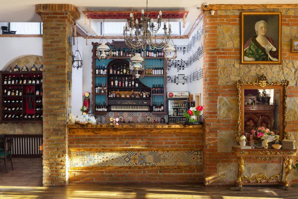 a bar in a room with a brick wall at Conacul Maria Theresa in Orlat