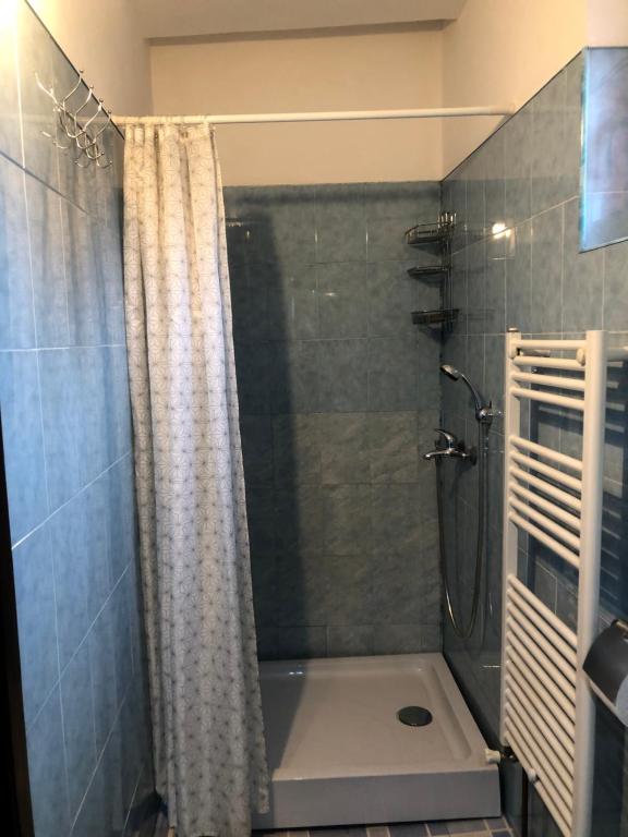 uma casa de banho com um chuveiro e uma banheira em Apartament BAȘAK 2 em Deva