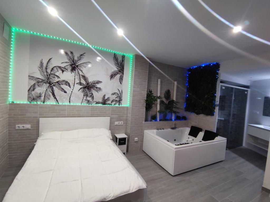 1 dormitorio con cama, bañera y lavamanos en Espectacular apartamento con spa privado, en Miami Platja