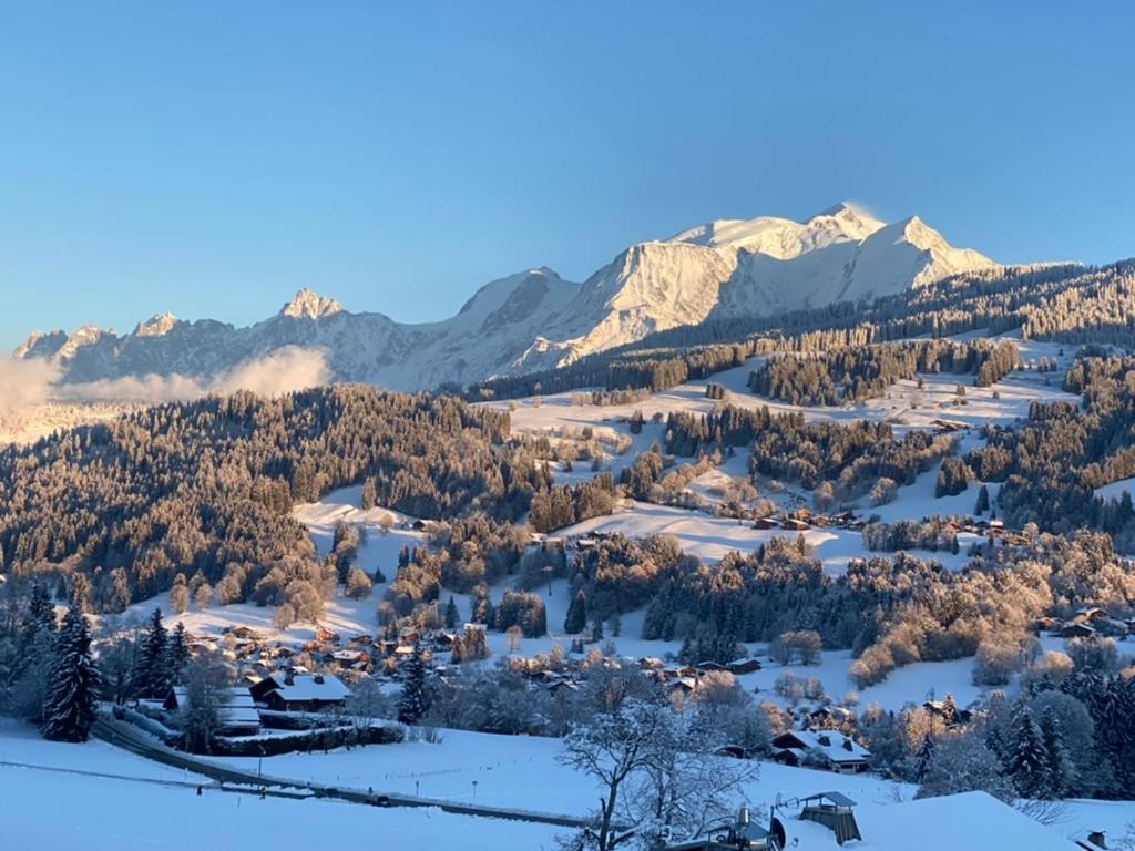 een dorp bedekt met sneeuw met bergen op de achtergrond bij Ferme Vauvray in Megève