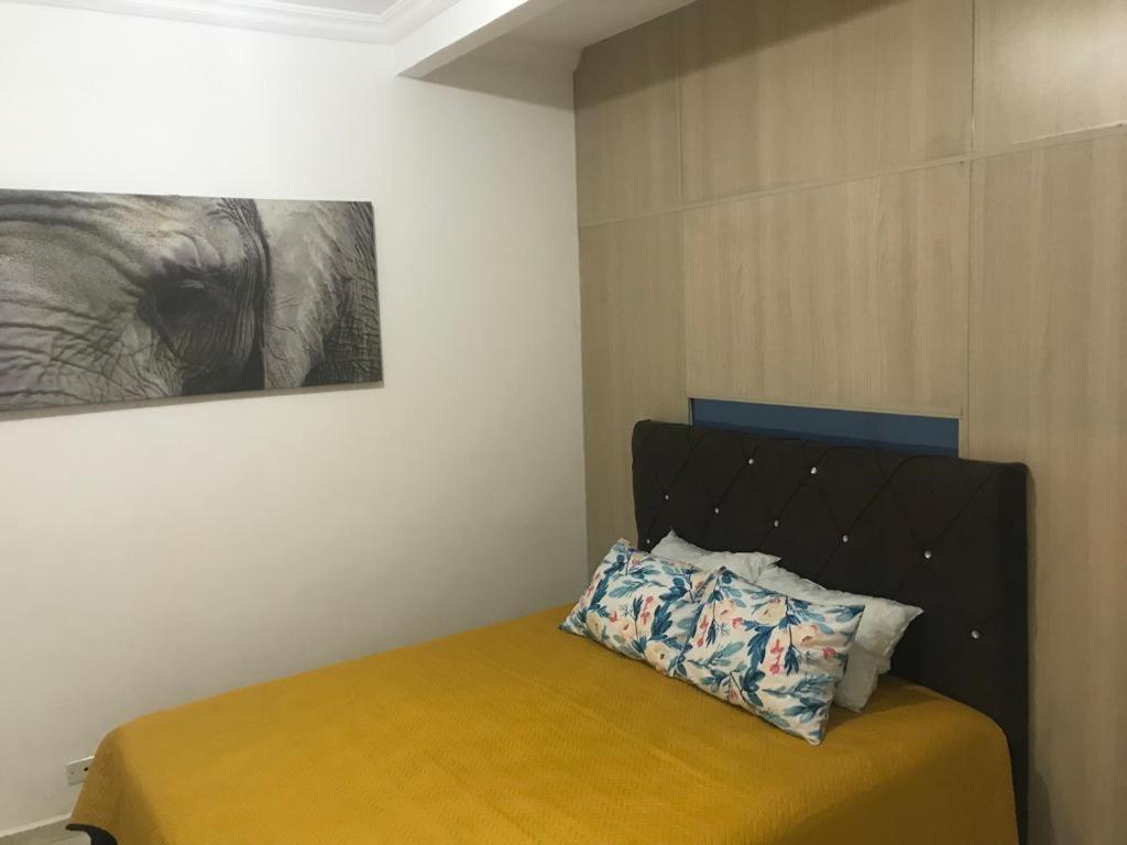 een slaapkamer met een bed met een schilderij aan de muur bij Cantinho da Nega - AP INTEIRO - IMPOSTOS E TAXAS INCLUSOS in São Vicente