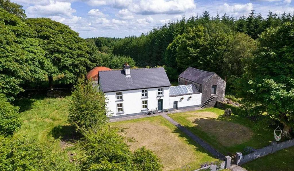 eine Luftansicht eines weißen Hauses im Wald in der Unterkunft Cosy Cottage in Galway in Creggs