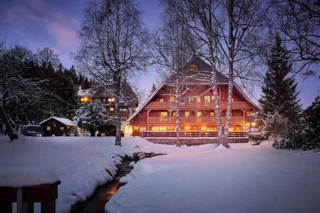 una grande baita di tronchi nella neve di notte di Boutique Hotel Mühle Schluchsee a Schluchsee