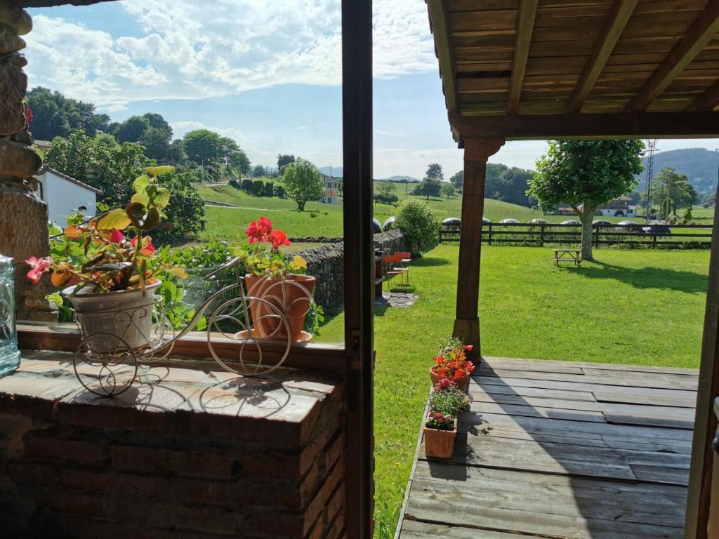 a porch with potted plants and a view of a field at El Espesedo de Cabárceno in Argomilla