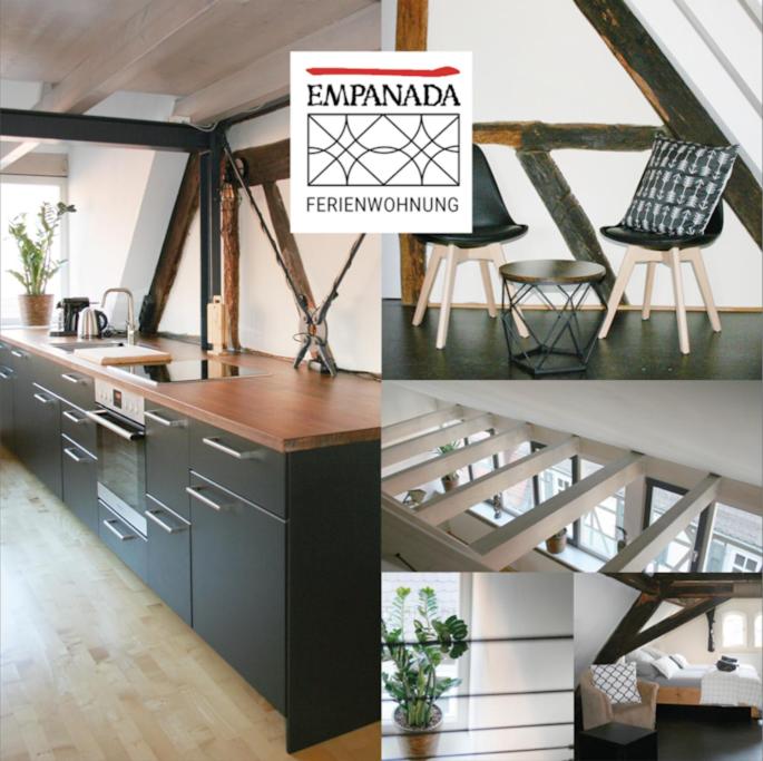 a collage of four pictures of a kitchen with a staircase at empanada ferienwohnung in Heppenheim an der Bergstrasse