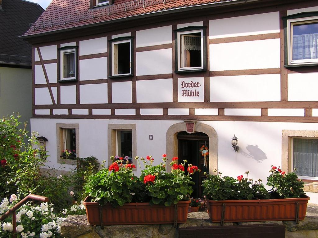 a building with flowers in pots in front of it at Ferienwohnung Vordermühle in Bad Schandau