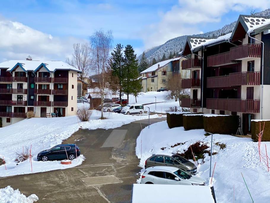 un parking avec des voitures garées dans la neige dans l'établissement Charmant appartement au pied des pistes de Lelex, à Lélex