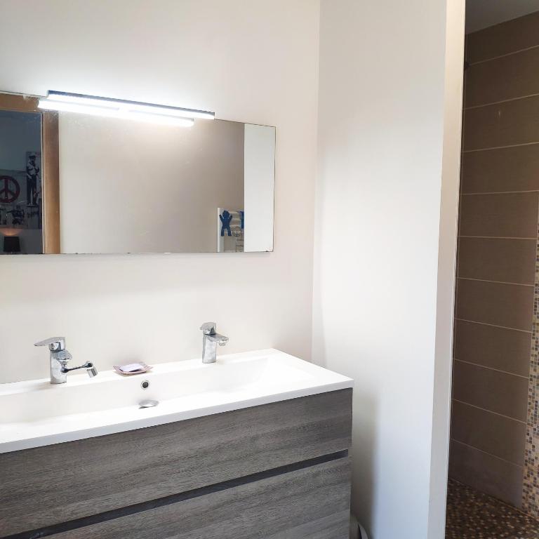 łazienka z białą umywalką i lustrem w obiekcie Grande chambre avec salle de bain privative w mieście Le Mans