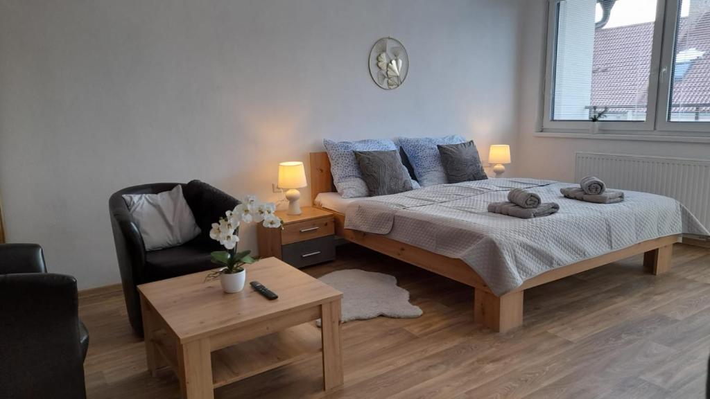 a bedroom with a large bed and a chair at TINA Apartments in Černá v Pošumaví
