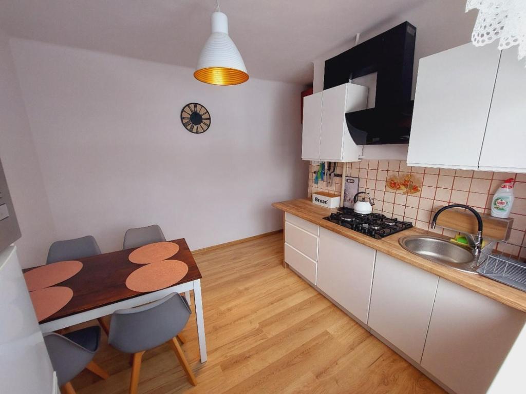 a small kitchen with a wooden table and a sink at Kosciuszko Apartment in Muszyna