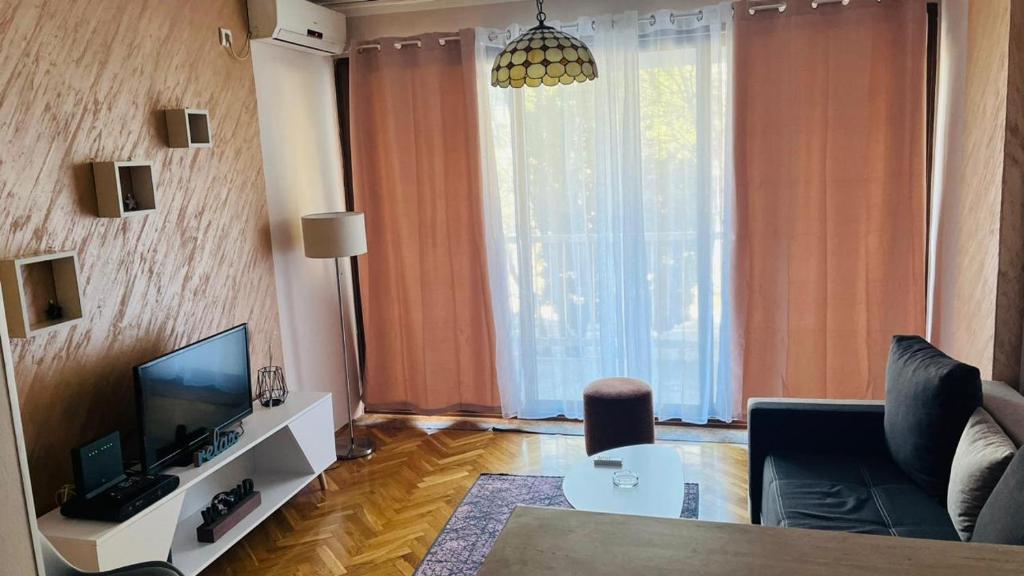 sala de estar con sofá y TV en Majdini Clock Tower Apartman, en Podgorica