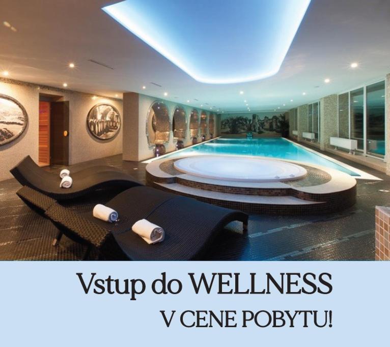 a large swimming pool with a large tub in a building at Wellness Hotel Vinnay in Vinné