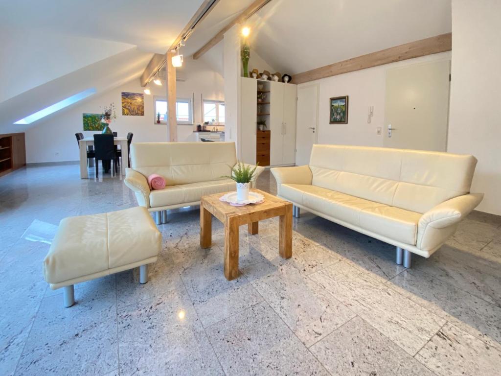 a living room with two couches and a coffee table at 4 Zimmer Apartment, 125 qm, ruhig und zentrumsnah, max 5 Pers, Dachterasse, Garage, 1000 MBit in Böblingen
