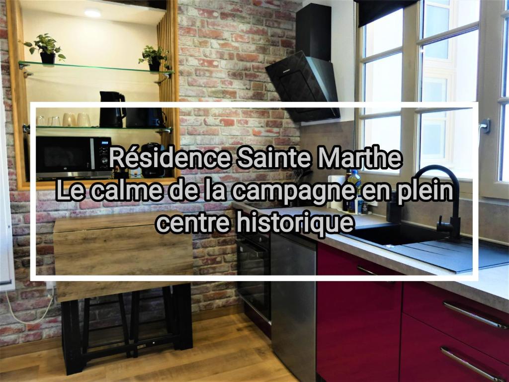 Dijon centre historique, superbe studio à 2 pas des trams في ديجون: مجموعة من صور المطبخ مع كلمة مرونة santa matta