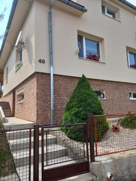 a building with a tree in front of it at Domček u Kubáňov in Bešeňová