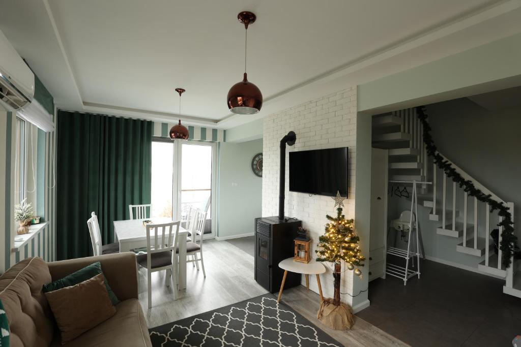 Domki całoroczne Zacisze Bałtów في أوستروفيتس شفينتوكجسكي: غرفة معيشة مع أريكة وشجرة عيد الميلاد