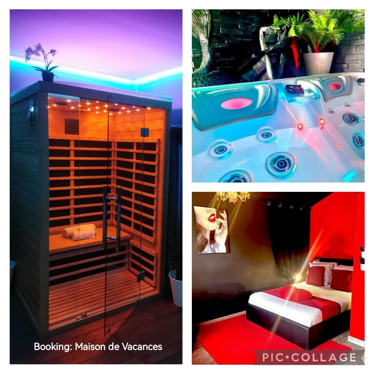 un collage de trois photos d'une salle de bains avec douche dans l'établissement Faranel, à Berlaimont