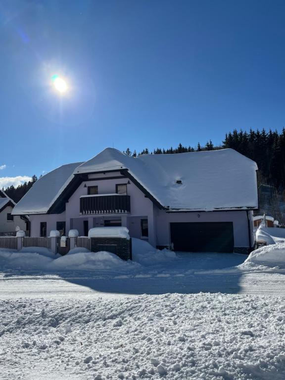 a house covered in snow with the moon in the sky at Apartmán Krahule in Krahule
