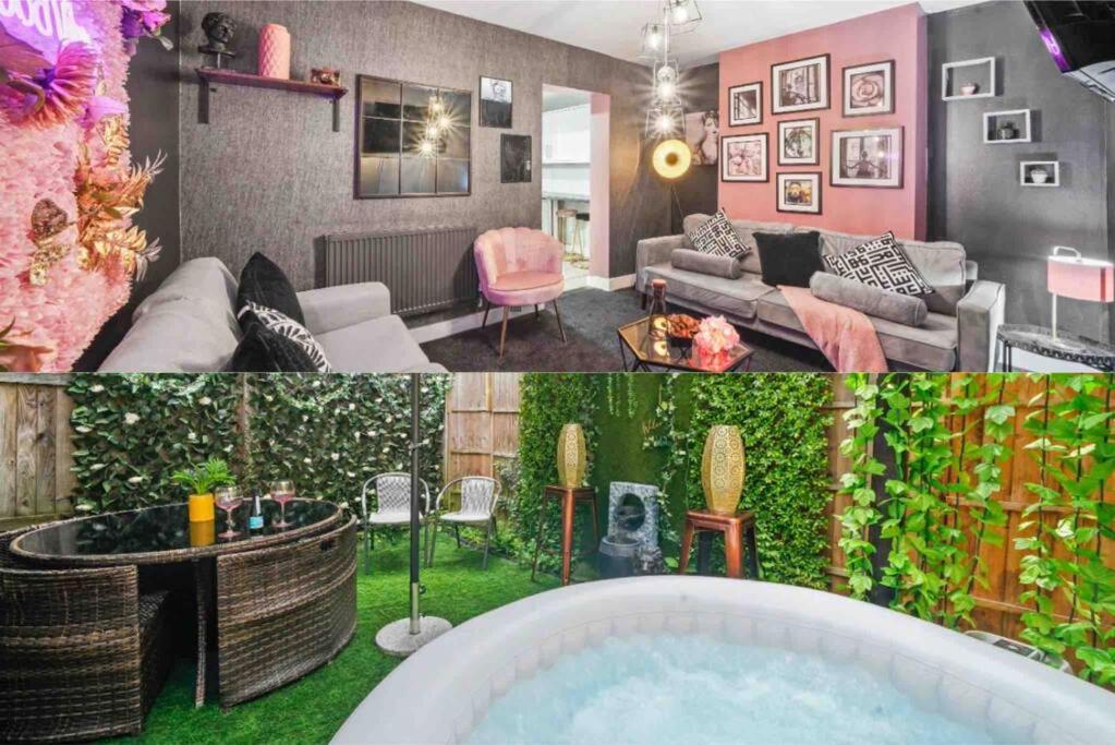two pictures of a living room with a bath tub at St Augustines 10 Bed Themed House in Kent