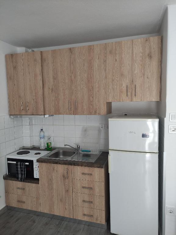 a kitchen with wooden cabinets and a white refrigerator at Helena's Studio Agia Triada in Agia Triada